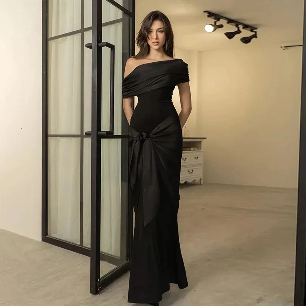 

Arya Black Elegant Evening Dresses Satin for Floor-Length Off the Shoulder Prom Dress Bow Mermaid Vestidos De Fiesta Customized