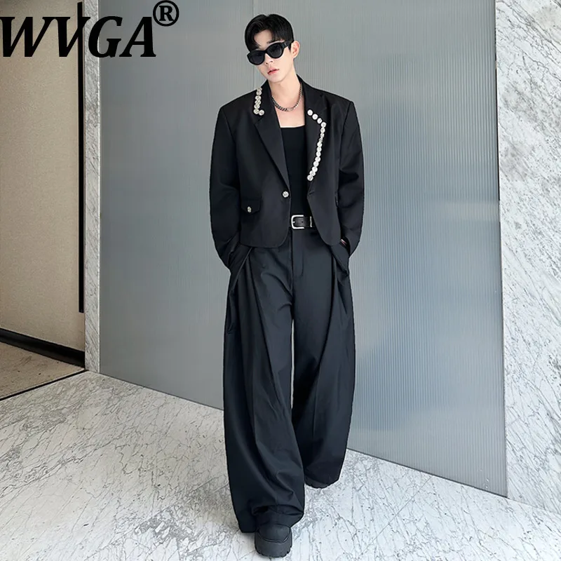

WVGA Spring Autumn New Men Tide Irregular Silver Buckle Short Blazer Niche Chic Casual Straight Suit Pants Two Pieces Set W16991