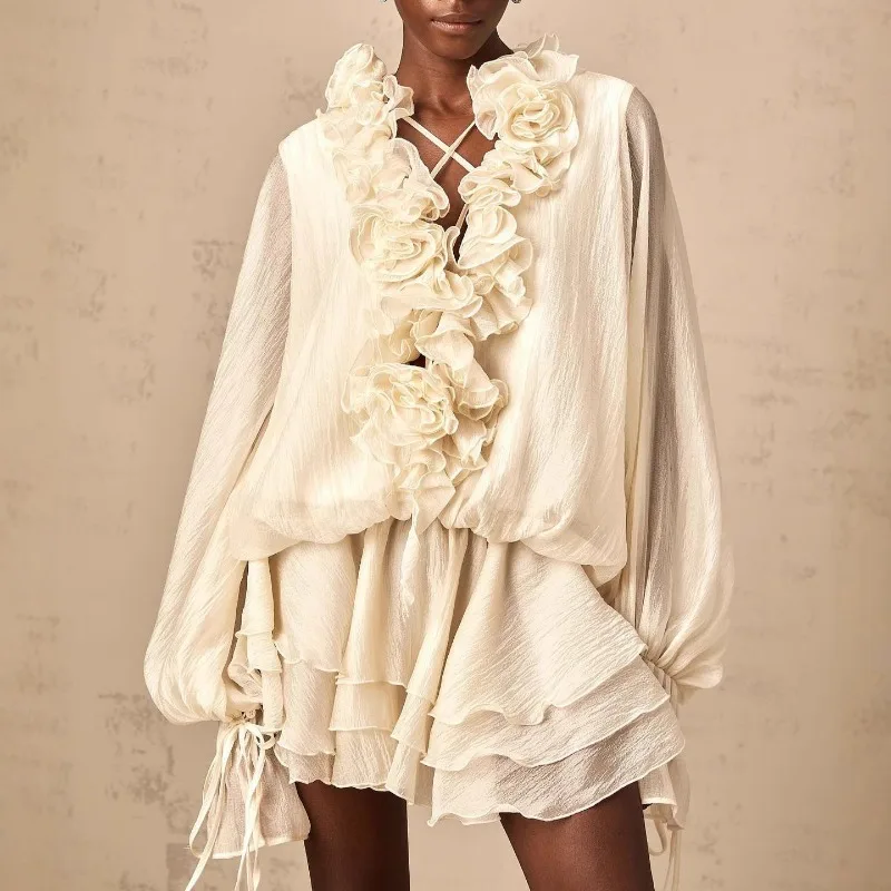 Loose Spliced 3D Flowers Dresses for Women V Neck Long Sleeves Patchwork Ruffles Fold Dress with A Short Female Clothing