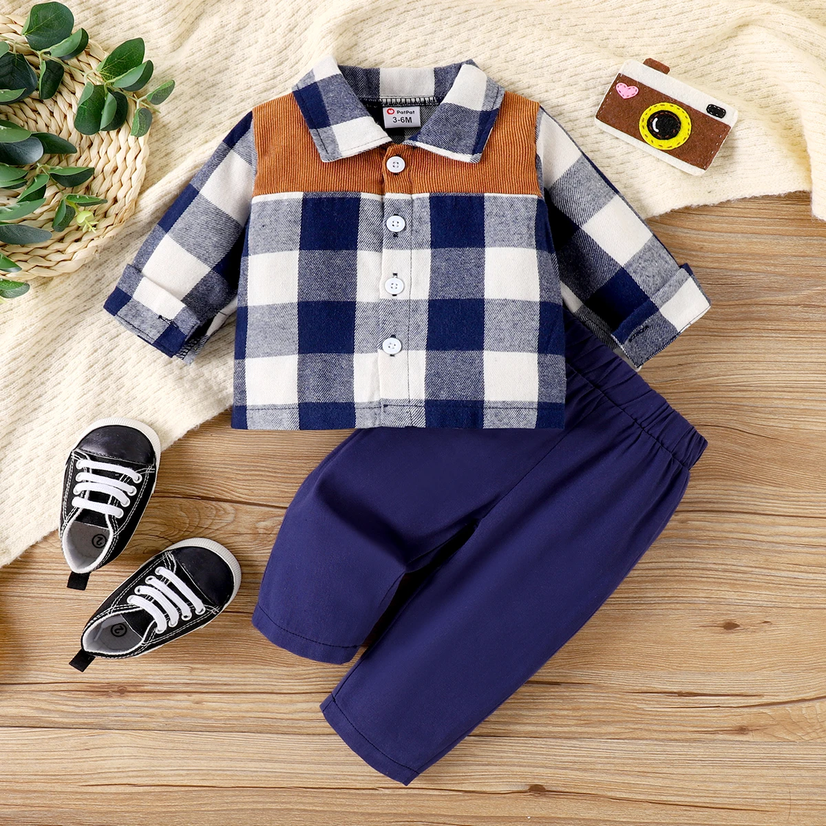 

PatPat 2pcs Baby Boy Casual Plaid Print Lapel Long Sleeve Set