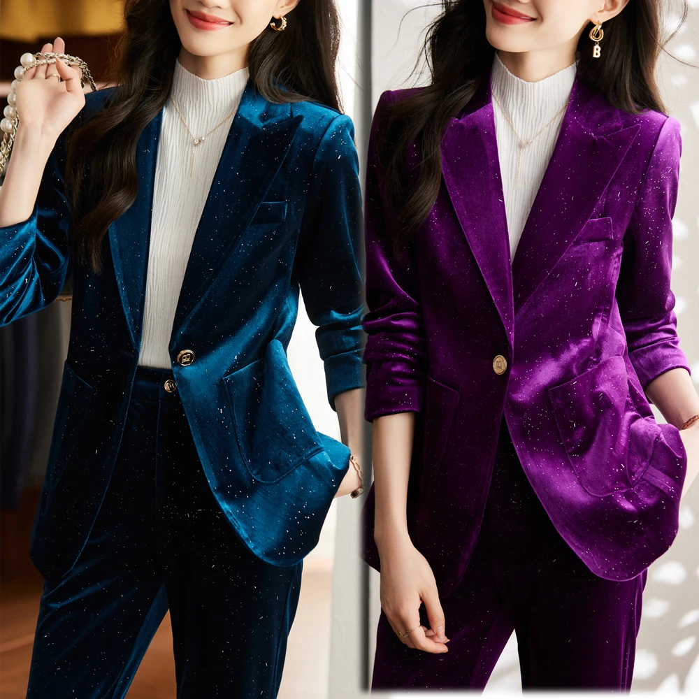 High Quality Bright silk Shiny Velvet Autumn Winter Blazer Women\' Business Suits with Sets Work Wear Office Uniform Pants Jacket