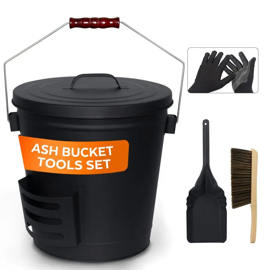 

Ведро с крышкой и лопатой, металлическое ведро для камина емкостью 5,2 галлона с метлой, полный набор инструментов для камина для дровяной печи и Fi