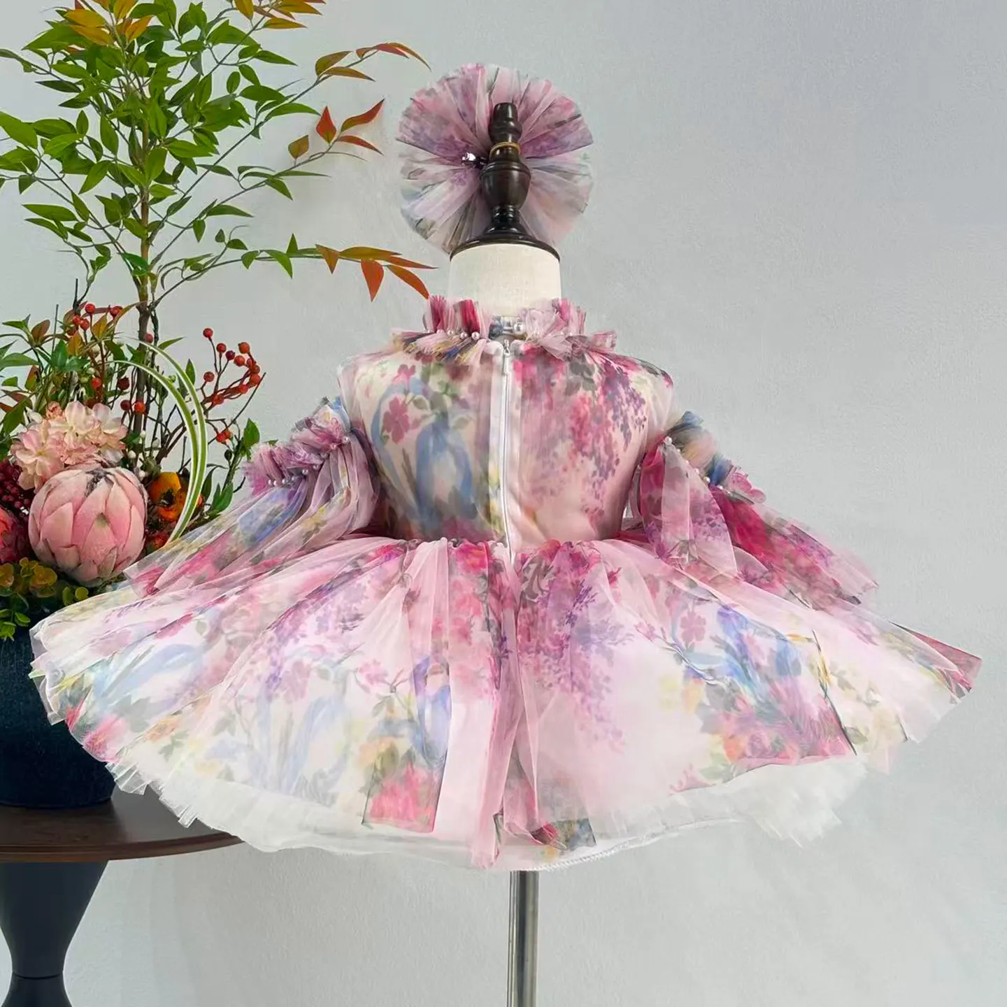 Jill Wish J052 Floral Baby Puffy Sleeve Adorable Girl Dress High Neck Knee Length Princess Wedding Birthday Party Ball Gown