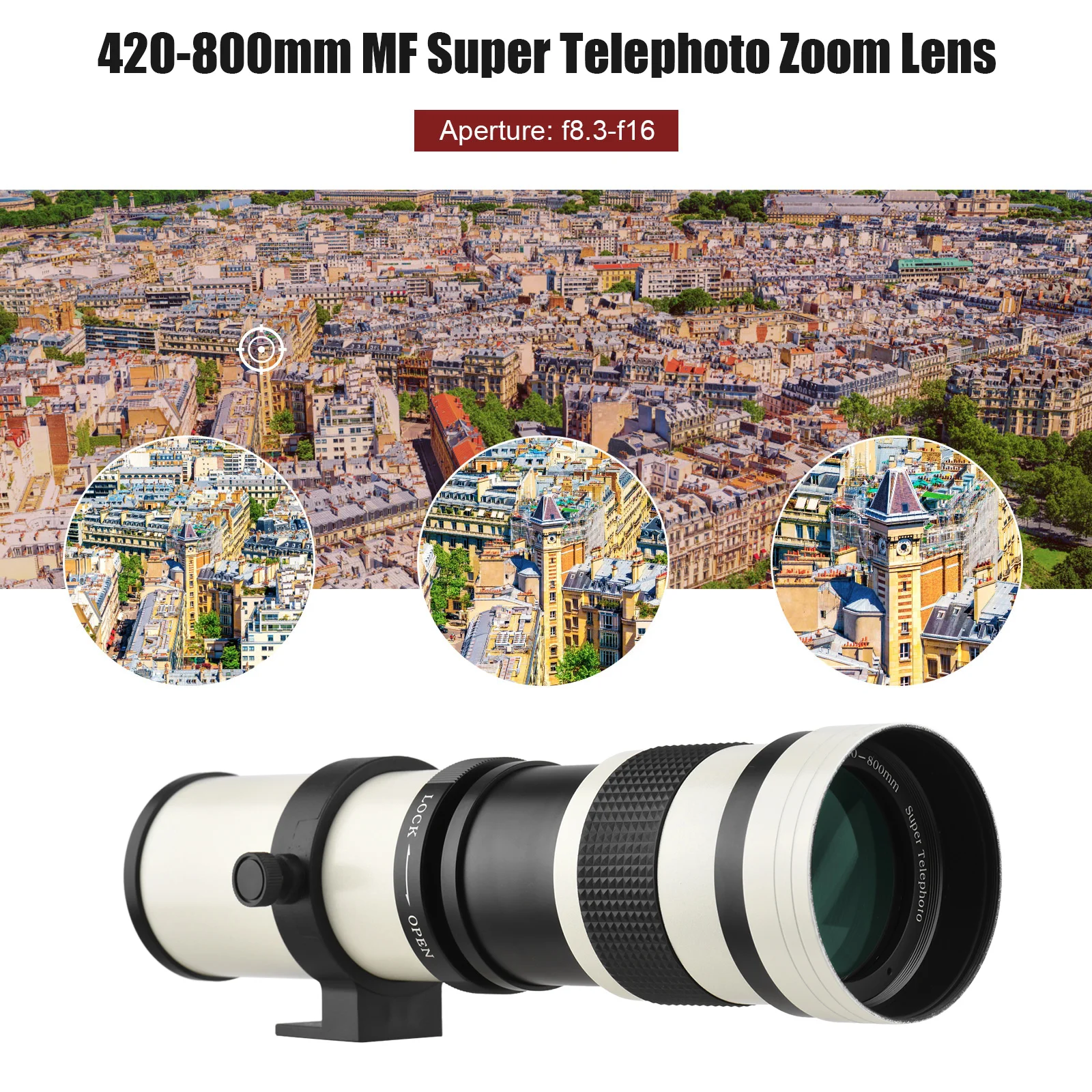 Camera MF Super Telephoto Zoom Lens F/8.3-16 420-800mm T2 Mount with RF-mount Adapter Ring 1/4 Thread Replacement