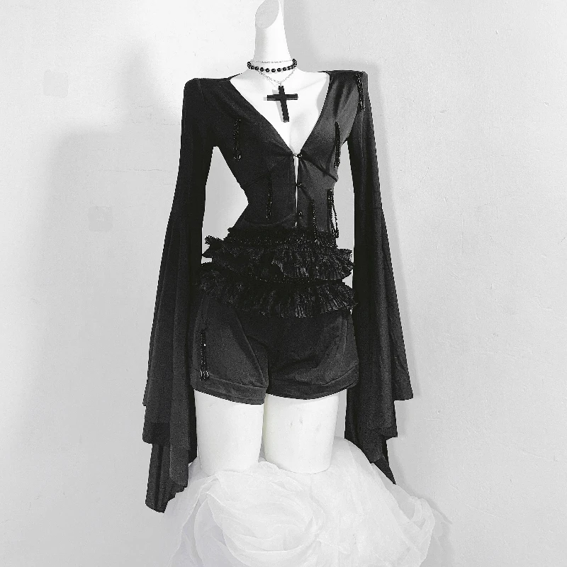 التصميم الأصلي القوطية الظلام الملابس النسائية الخريف جديد أسود تألق كريستال شرابة مثير وهمية قطعتين سروال فستان السيدات