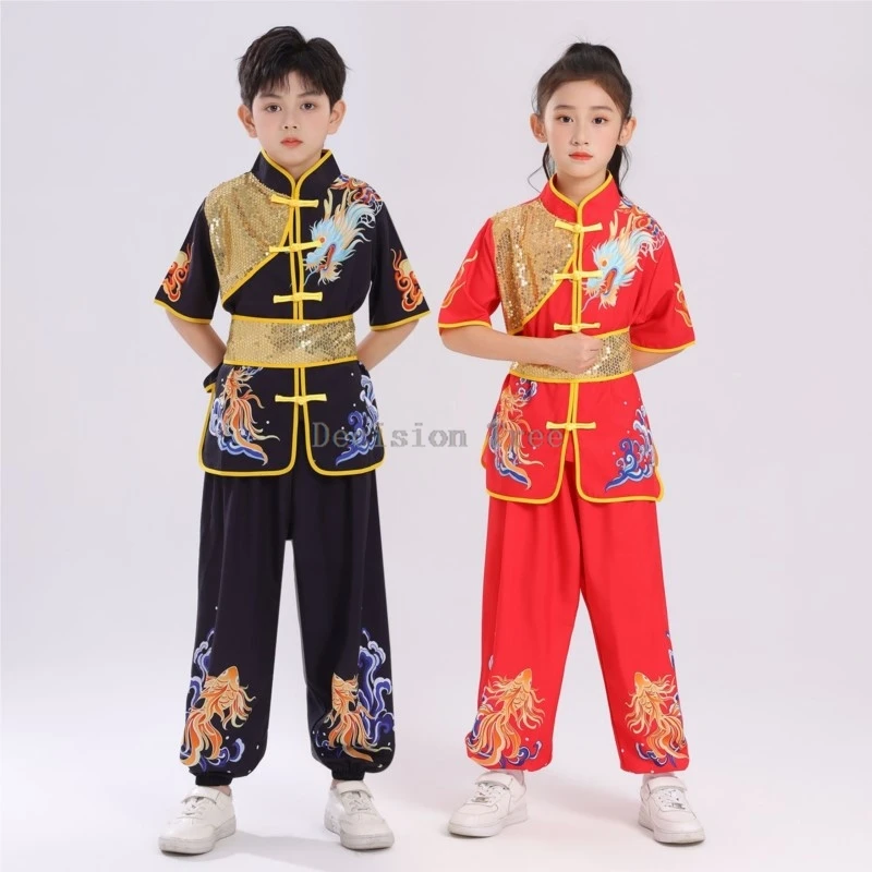 2026 children's printed wushu uniform set kids chinese style short sleeved top pants kung fu set kids stage performance costume