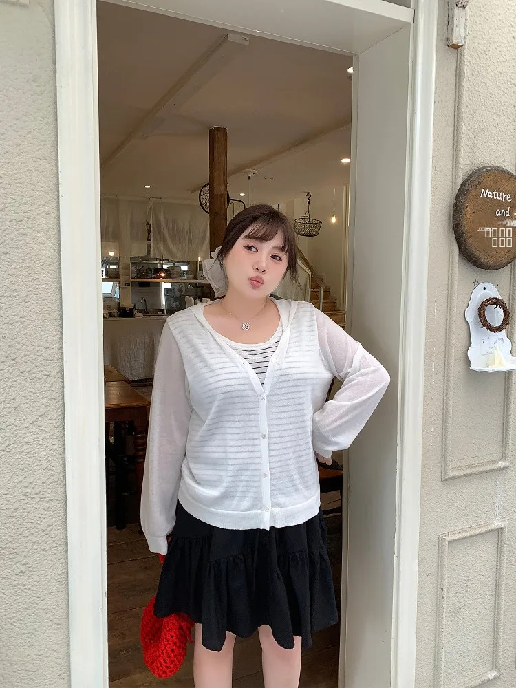 

Весенняя новинка: Тонкий вязаный топ-худи больших размеров с эффектом двухслойности для полных женщин, защита от солнца, скрывающий фигуру, милый женский топ