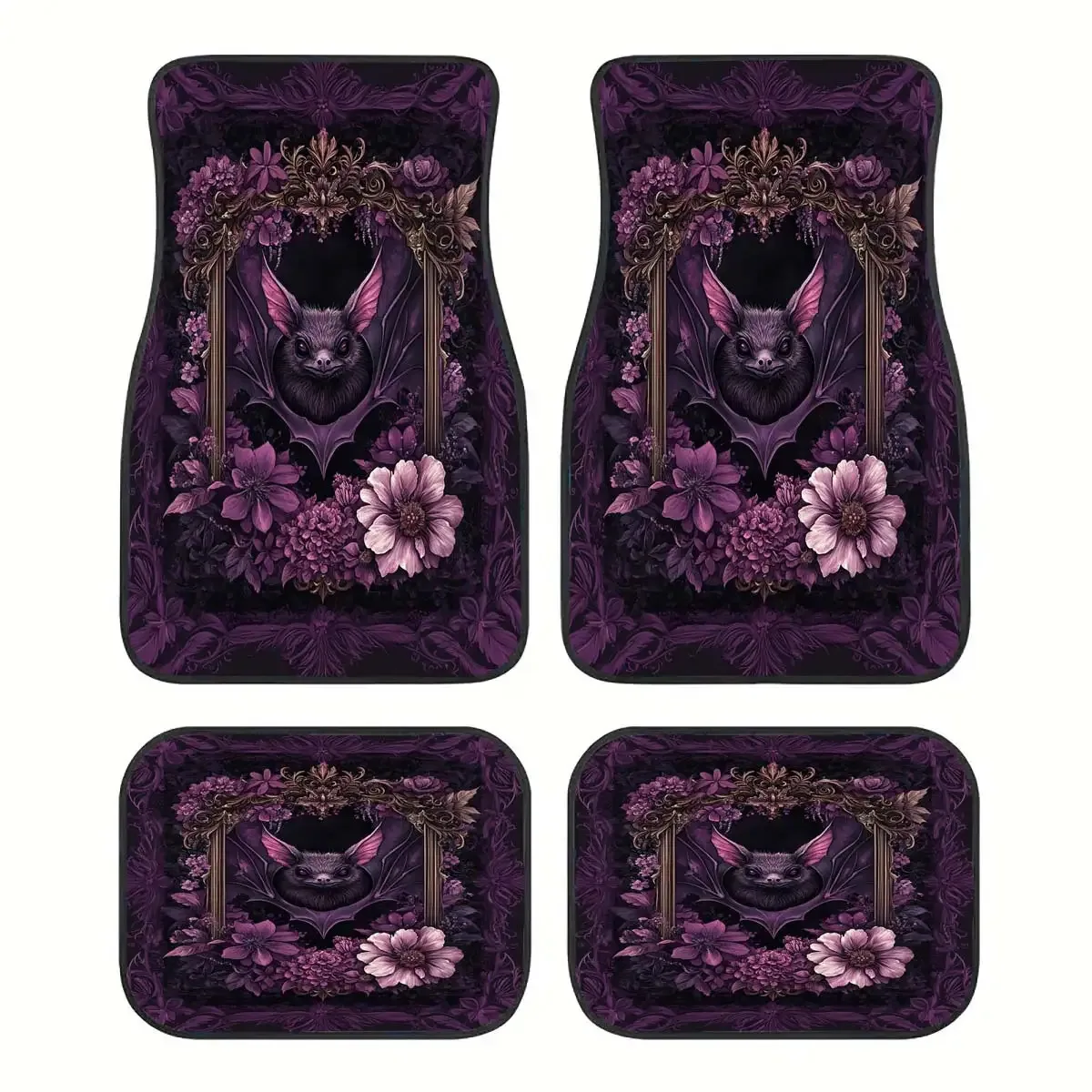 Alfombrillas para coche con diseño de murciélago gótico y alas de murciélago vampiro en color lila y morado - Aptas para todas las estaciones, para asientos delanteros/traseros, en morado oscuro y negro gótico