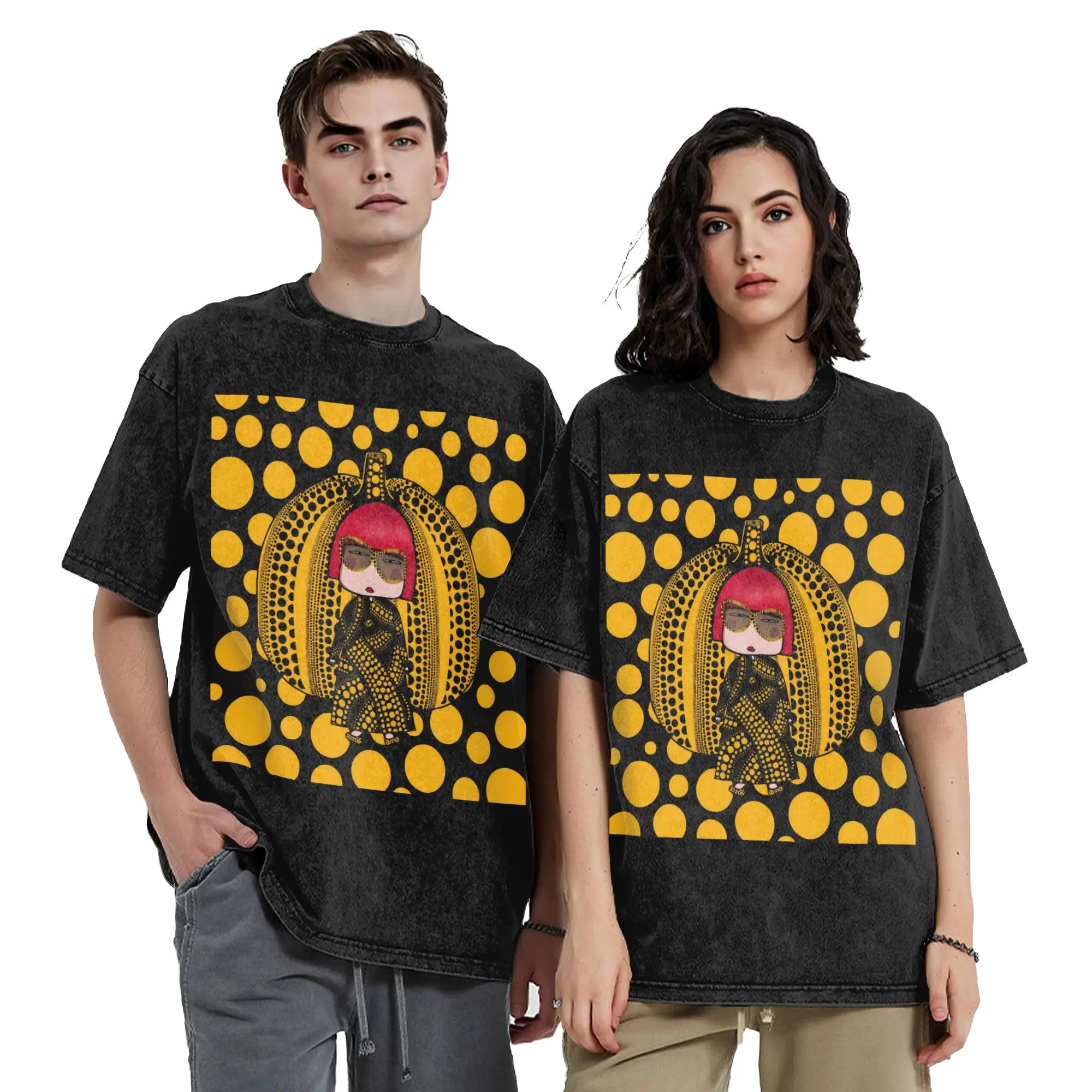 Washed T Shirt Yayoi Kusama Pumpkin Dots Hip Hop Vintage T-Shirt Streetwear 100% Cotton Summer Tops Tops Tees for Men Women