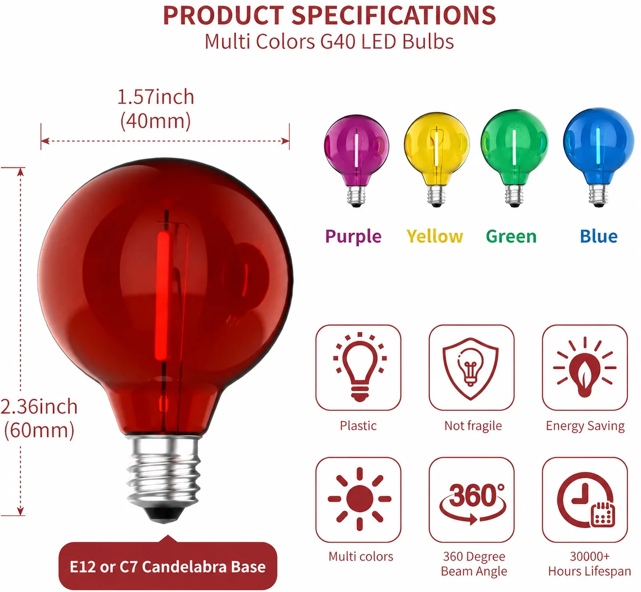 G40 Colored Shatterproof LED Globe Bulbs E12 1W