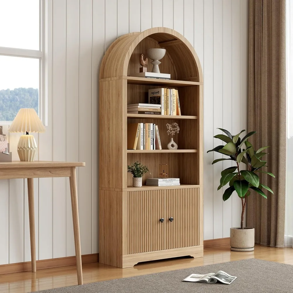 Contemporary Curved Wooden Bookshelf with 6-Tier Storage and Door, Rustic Style Cabinet for Kitchen and Living Spaces