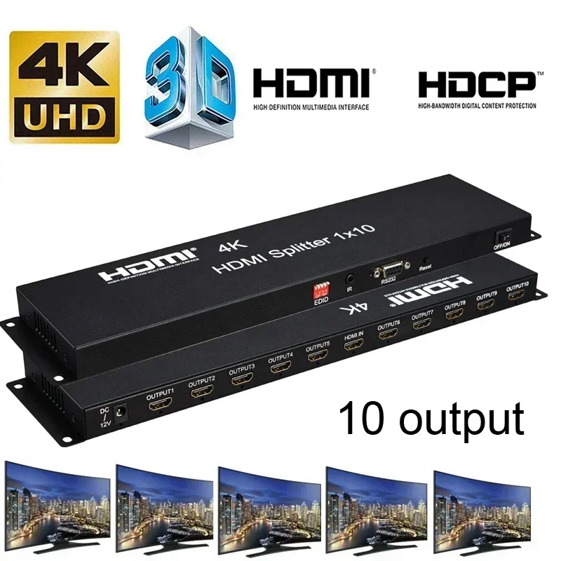 

1x10 4K HDMI Splitter 1080P 3D Video Converter 1 IN 10 Out 1x8 Multi Screen Splitter для камеры PS3 PS4 Laptop PC TO TV Monitor