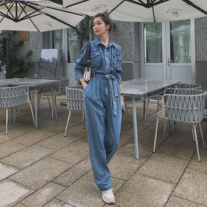 High Waist Cargo Pats Long Sleeve Wide-leg Jumpsuit New Female Korean Y2k Cool Jumpsuit 2023 Spring Fall Women Denim Jumpsuit