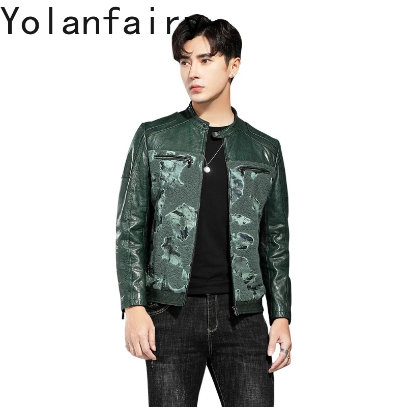 

YOLANFAIRY Top Quality Genuine Leather Jackets Man Fashion Autumn Winter Short Sheepskin Spliced Wool Fur Coat Green Mens Jacket