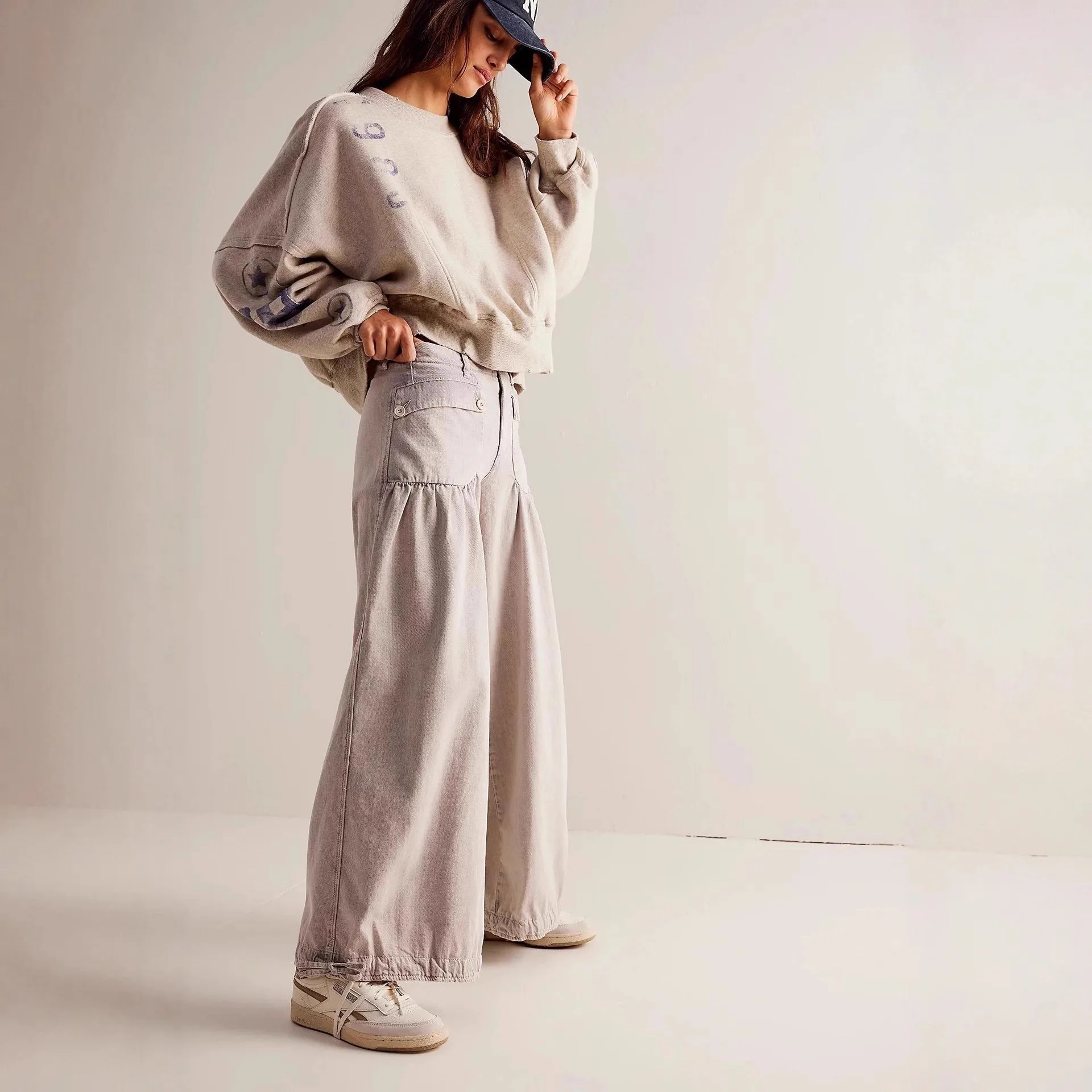 Women's Baggy Mid Waist Lightweight Cotton Full Length Straight Leg Vintage Patchwork Ruffle Bow Casual Denim Jeans with