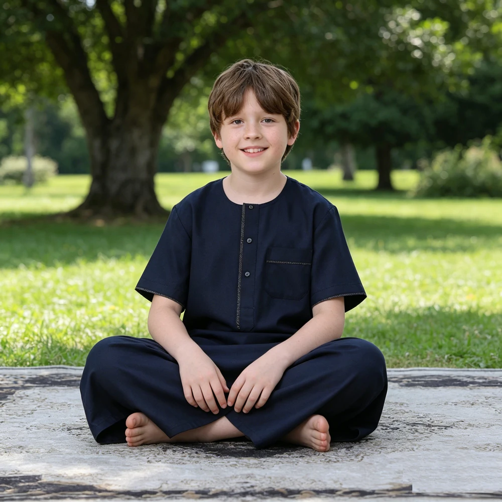 

Casual Homewear Boys Short Sleeve Muslim Jubba Thobe Daffah Dishdasha Kids Robe Middle Eastern Traditional Islamic Prayer Daily