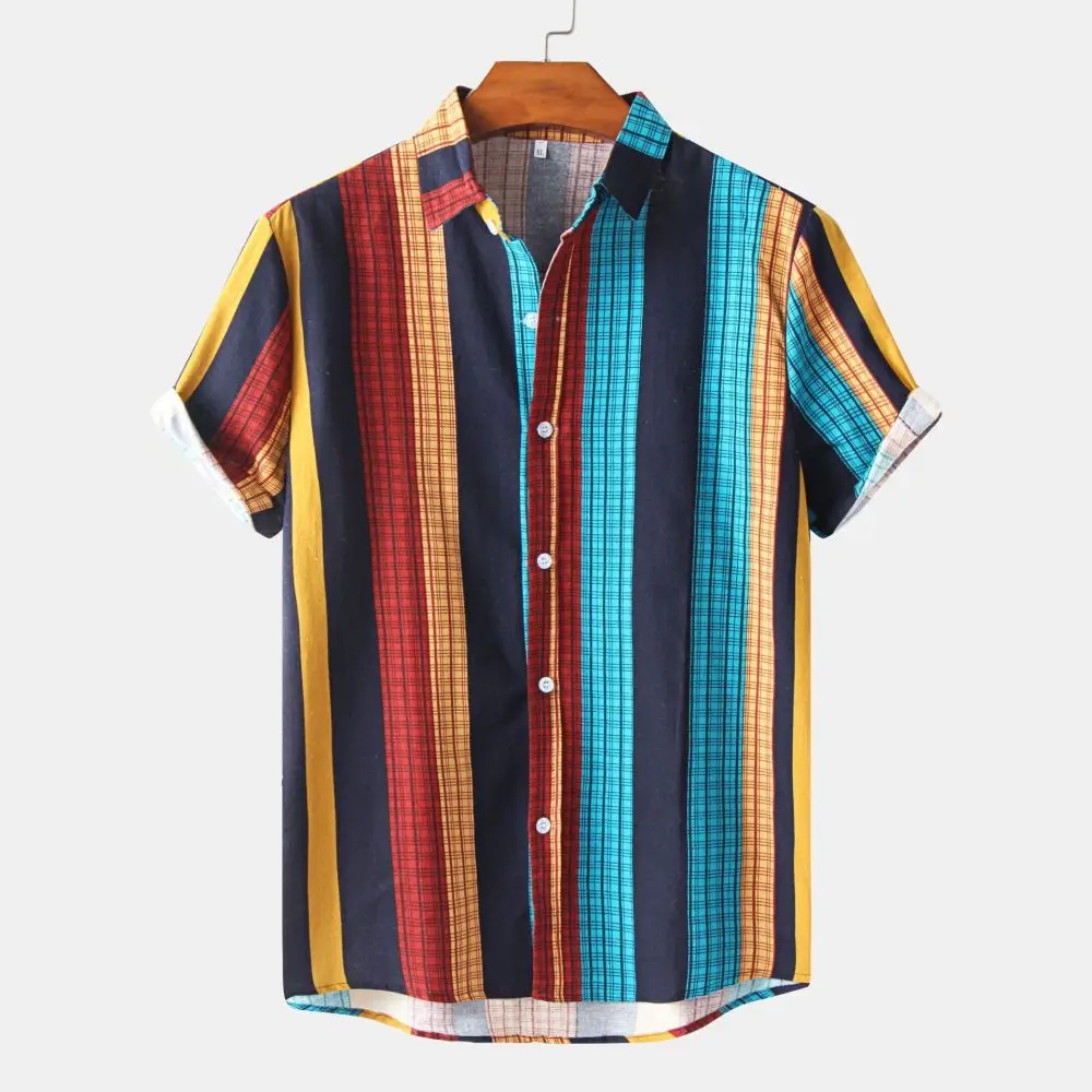 

Vintage Colorful Stripes Print Summer Men's Shirts Casual Oversized Short Sleeve Fashion Single-Breasted Blouses Men Clothing