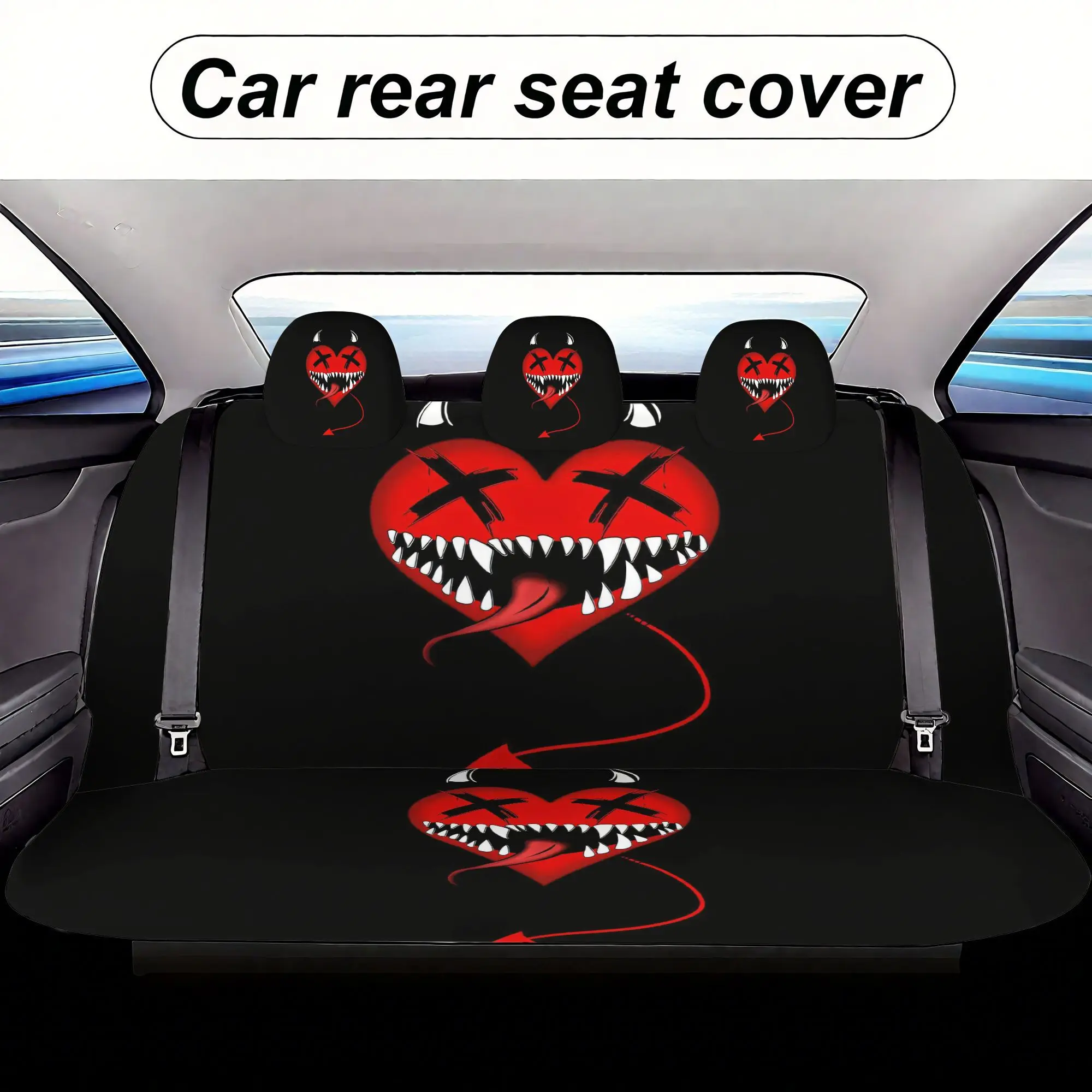 Heart-shaped Demon Design Car  Covers Set - 7pcs, Including 2 Front  Covers + 1 Rear  Back Cover + 1Rear  Cover
