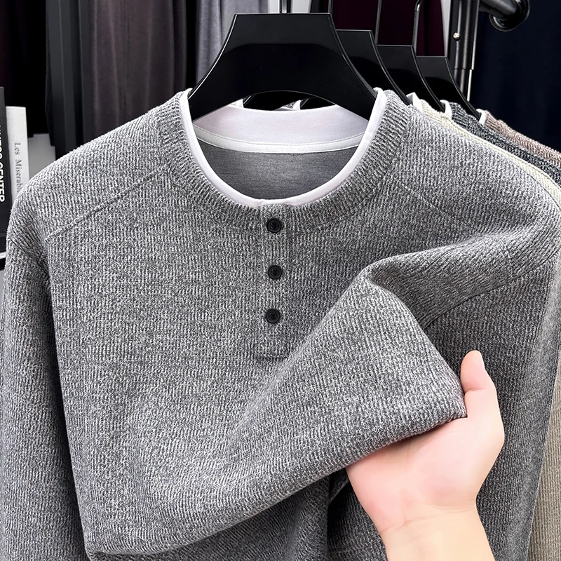 Luxury fake two piece round neck pullover men's high-quality fashion button decoration autumn new casual soft comfort sweater