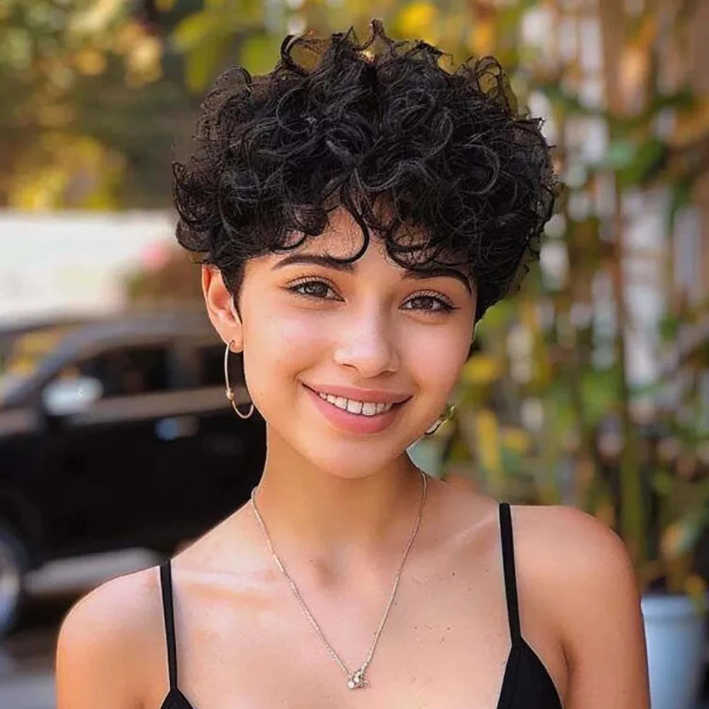 Peruki z ludzkich włosów pixie cut dla czarnoskórych kobiet, kręcone peruki z ludzkich włosów, peruki z ludzkich włosów wykonane w całości maszynowo, tanie peruki z ludzkich włosów.
