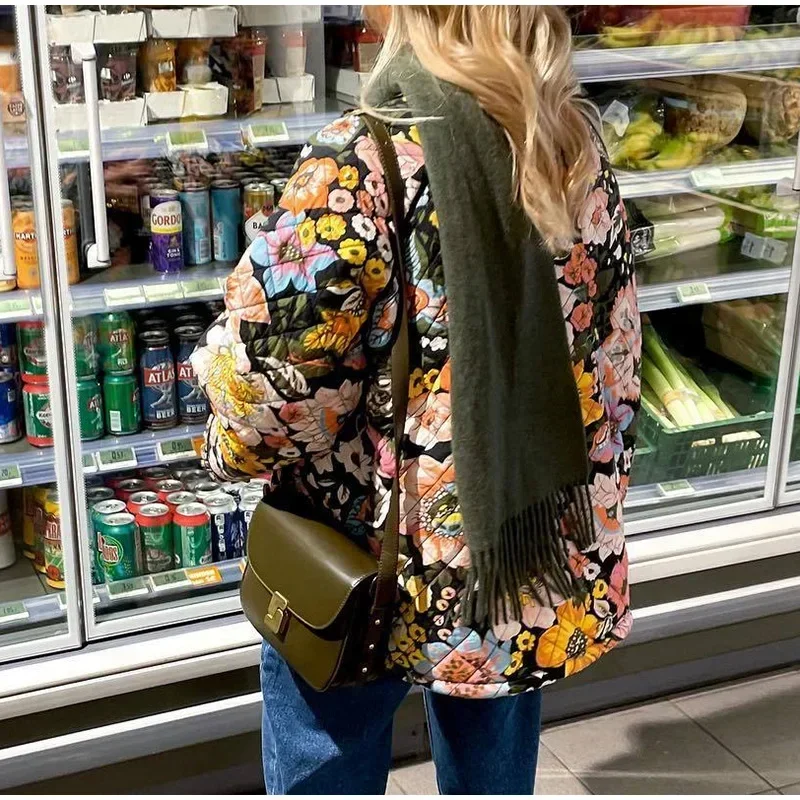 Abrigo de algodón con estampado Floral para mujer, chaqueta acolchada de manga larga, gruesa y cálida, ropa de otoño e invierno