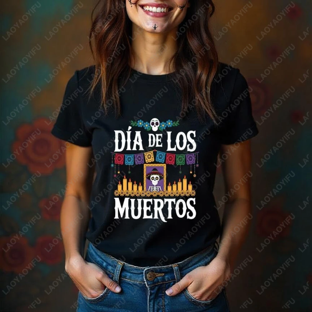 

Gothic Mexican Day of Dead T-Shirt for Women Cotton Dia De Muertos Halloween Skull Graphic Top Unisex Streetwear Vintage Tshirt