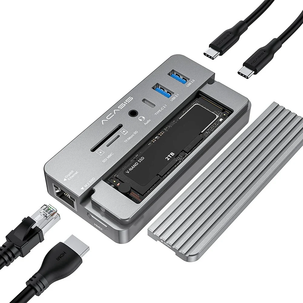 

ACASIS 10 in 1 Docking Station USB-C 3.2 HUB 10Gbps with M.2 NVME and SATA SSD Enclosure HDMI-Compatible 100W PD for PC-Grey