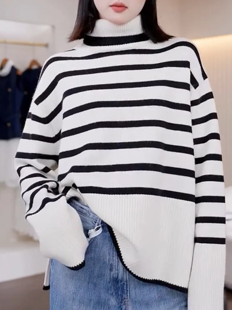 

Korean Sle High Collar Striped Sweater Commute Versatile plus Size Slimming Top Autumn New Arrival Comfortable Camere