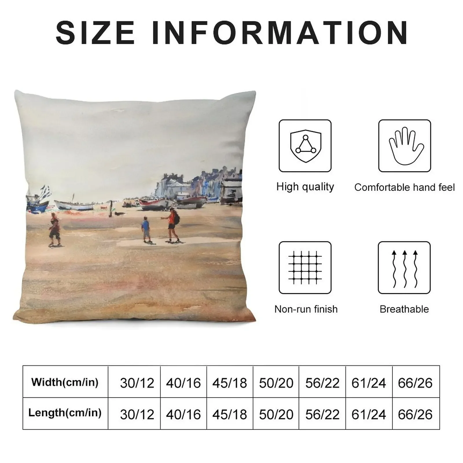 Aldeburgh beach painting, Watercolour landscape, British coast, English seaside town wall art, Suffolk coast wall d Throw Pillow