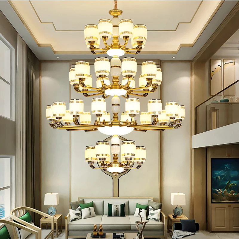 

Superior Restaurant Hotel Jade Big Chandeliers Duplex Building Living Room LED Pendant Lamps Villa Staircase Chandelier Lighting