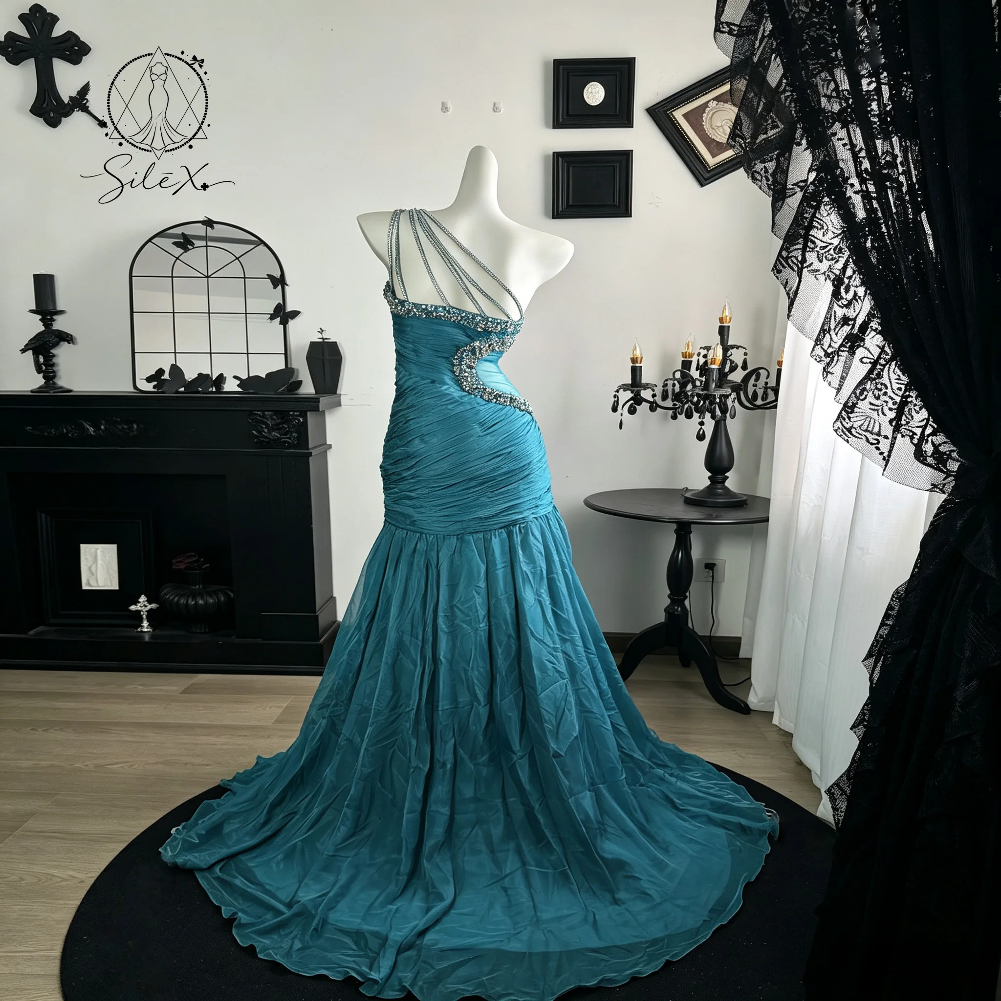 Blue single-shoulder strapless sleeveless fish tail floor-length formal evening dress with crystal pleated details