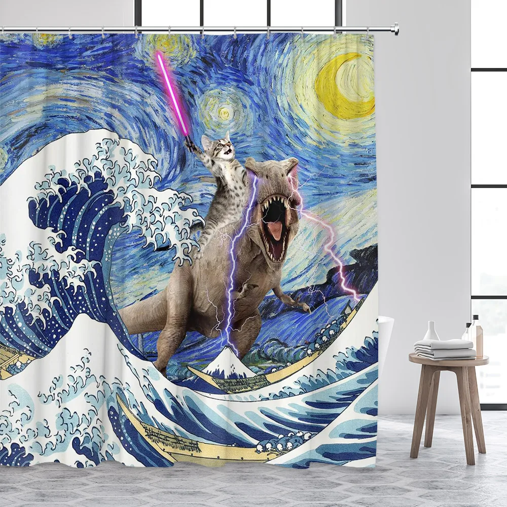 Funny Cat Riding Dinosaur Shower Curtains Sea Waves Starry Sky Sharks Birds Creative Kids Bath Curtain Polyester Bathroom Decor