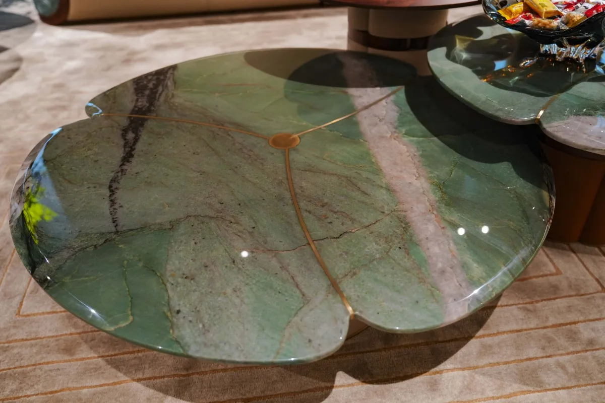 Modern minimalist living room Italian walnut coffee table with marble lotus leaf design
