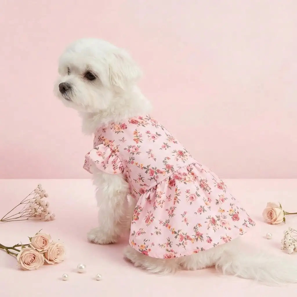 Vestido floral rosa para perros y gatos pequeños – Volantes y mangas - imagen 2