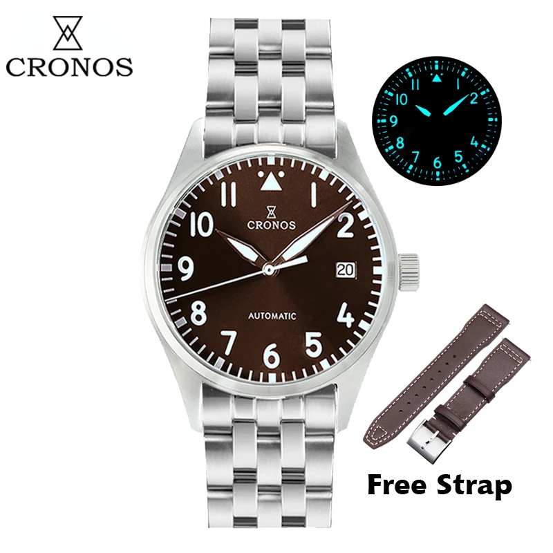 Cronos Pilot Flieger Mechanical Men Watch 39mm Stainless steel Super Lum Domed Sapphire Crystal Leather Nylon Strap L6012