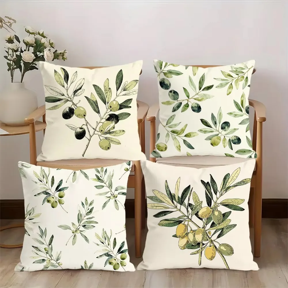 Vintage Mediterranean Olive Branch Pillow Cover, Double Sided Soft Polyester 2D Print Cushion for Sofa Bedroom Living Room Gift
