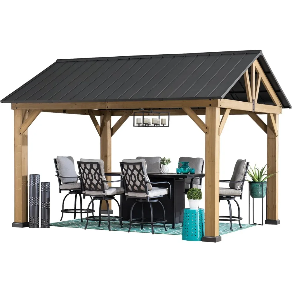 

Wood Gazebo 11 x 13 ft. Outdoor Patio Premium Cedar Frame Gazebos with Matte Black Steel Gable Hardtop Roof for Garden