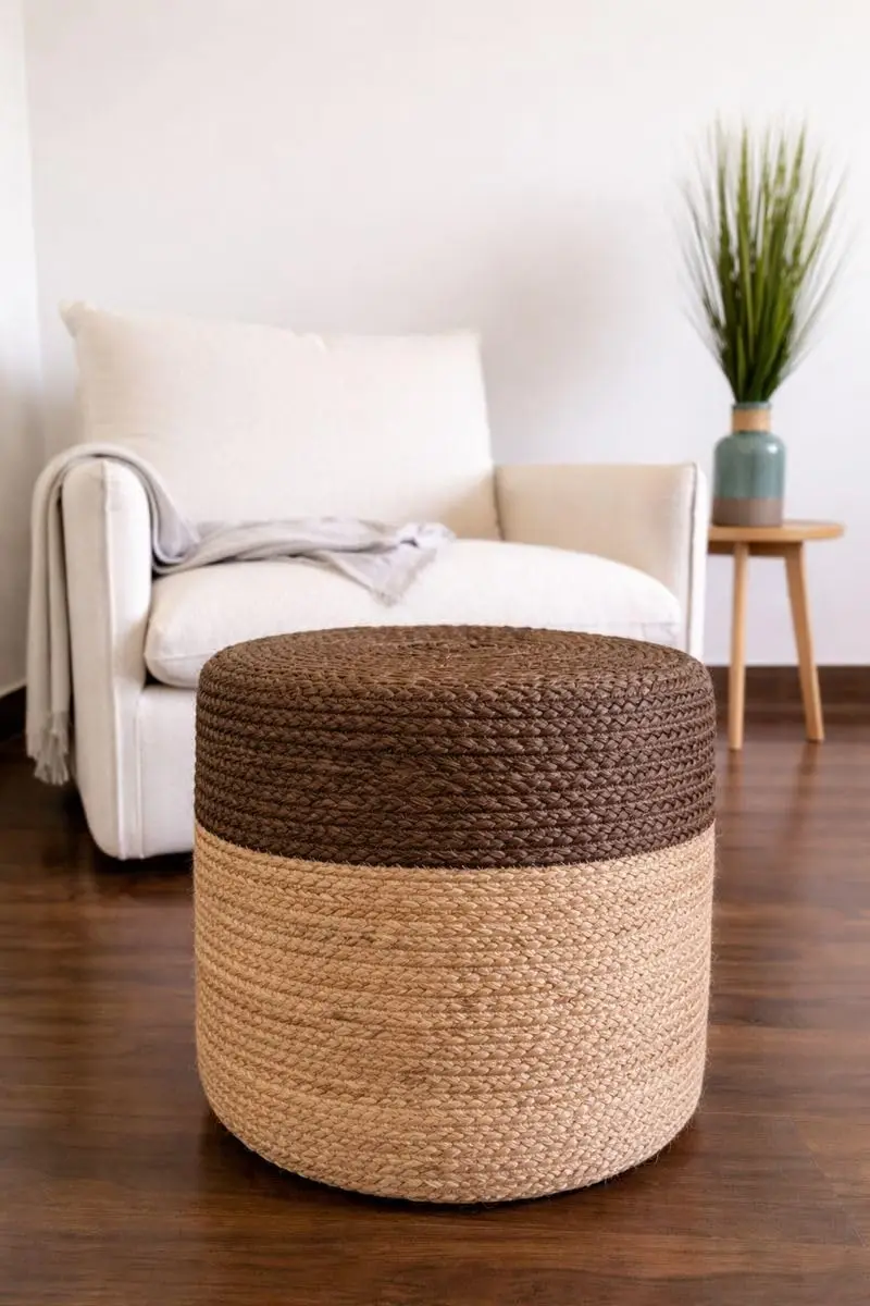 

100% Jute Pouf Ottoman, Hand Knitted Braided Footrest, 16x16x16, Natural Brown, for Living Room, Bedroom, Patio
