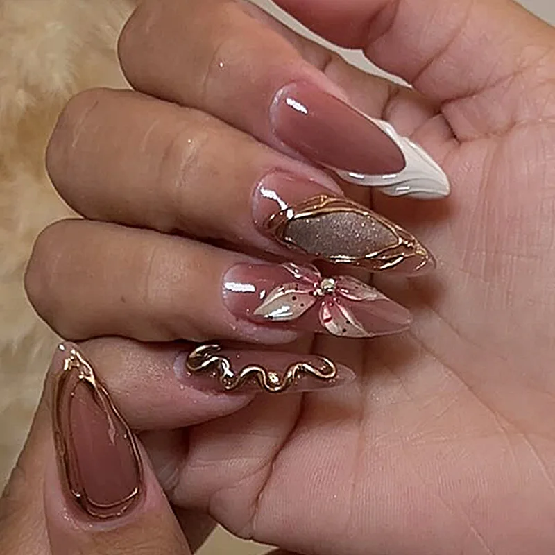 

24Pcs Mid-length Almond Fake Nails French 3D Flower Gilded Design Press on False Nails Rhinestone Wearable Full Cover Nails Tips