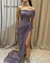 Purple One Shoulder Glittering Heavy Beaded Evening Dresses with Sexy High Slit Customized Long Pleated Prom Night Party Gowns