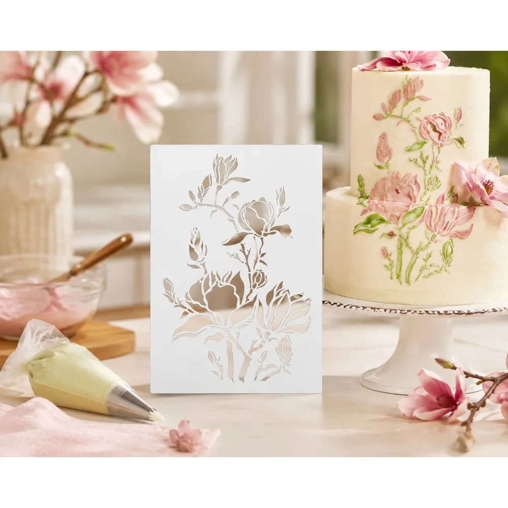 Vintage Magnolia Flower Cake Stencil, Food‑Safe PET Reusable Hollow‑Out Template, Baking & DIY Handcraft Decor Tool