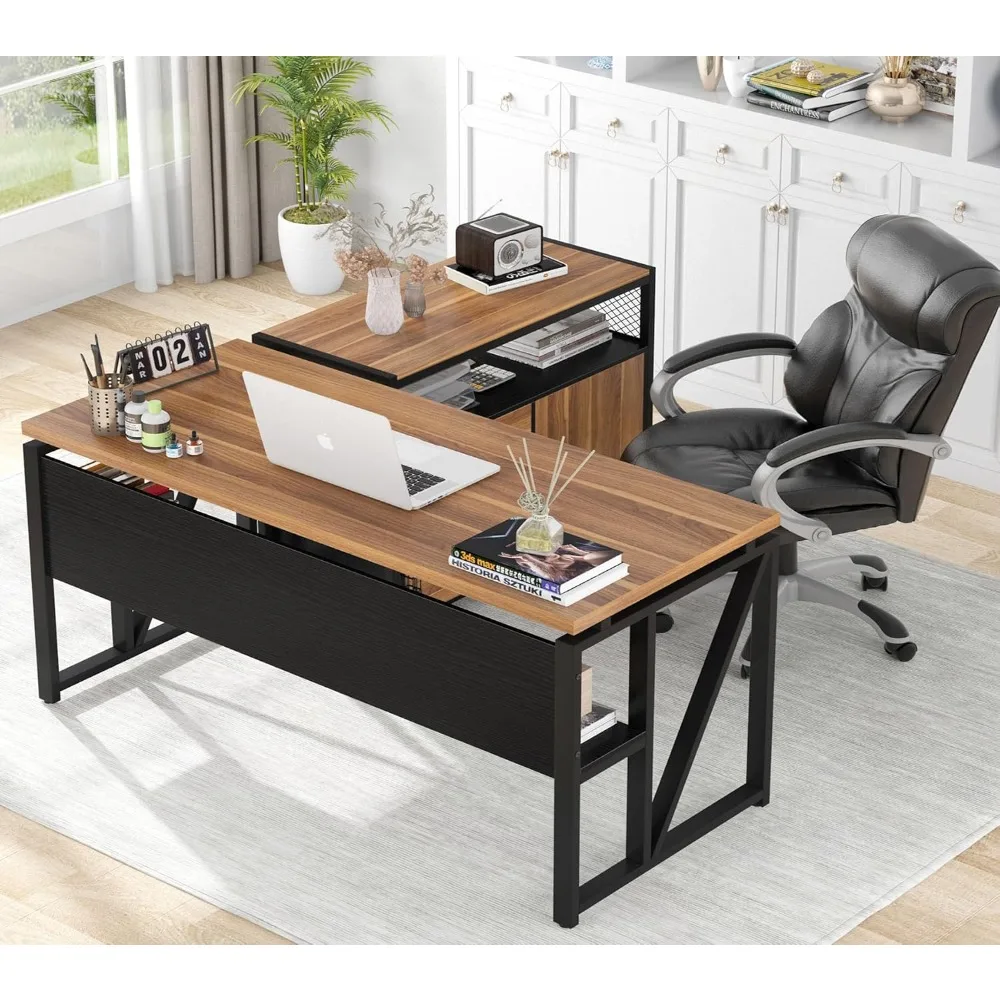 55-inch L Shaped Desk with Drawer Cabinet, Executive Computer Desk and lateral File Cabinet, 2 Piece Home Office Furn