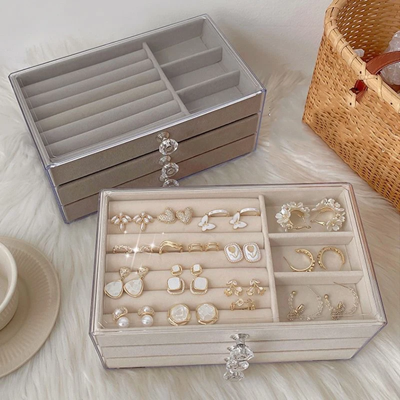 Three-layer jewelry storage box transparent acrylic velvet plaid jewelry necklace ring bracelet storage and organization box