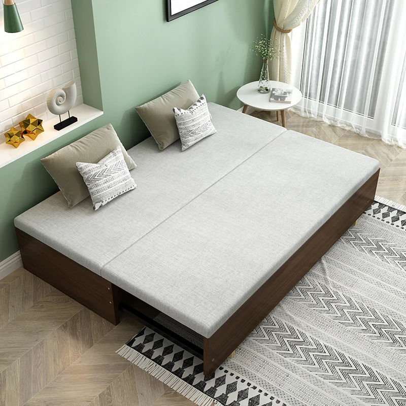 ^Solid wood sofa bed folding dual-purpose multi-functional living room tatami single nap bed small apartment telescopic pull-out