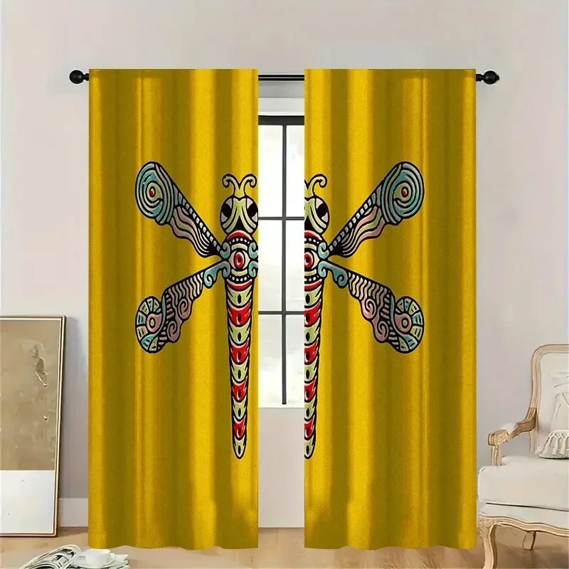 2pcs Yellow Dragonfly Art Curtains with Rod Pocket, Multicolored Insect Print Sheer, Vibrant Nature Theme for Bright Living Room