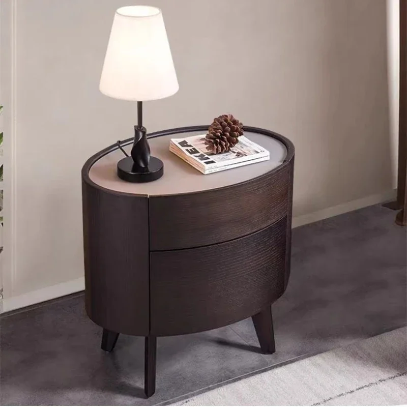 minimalist smoked solid wood bedroom bedside table Small apartment light luxury oval bedside table Premium storage cabinet