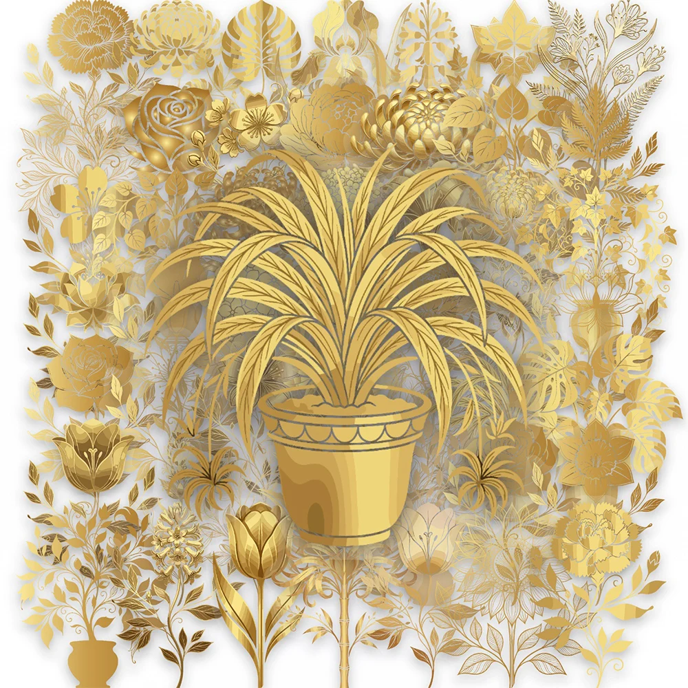 

10/30/50pcs Transparent Retro Gold Plants Flower Stickers Cartoon Aesthetic Sticker Scrapbooking Notebook Phone Decals Packing