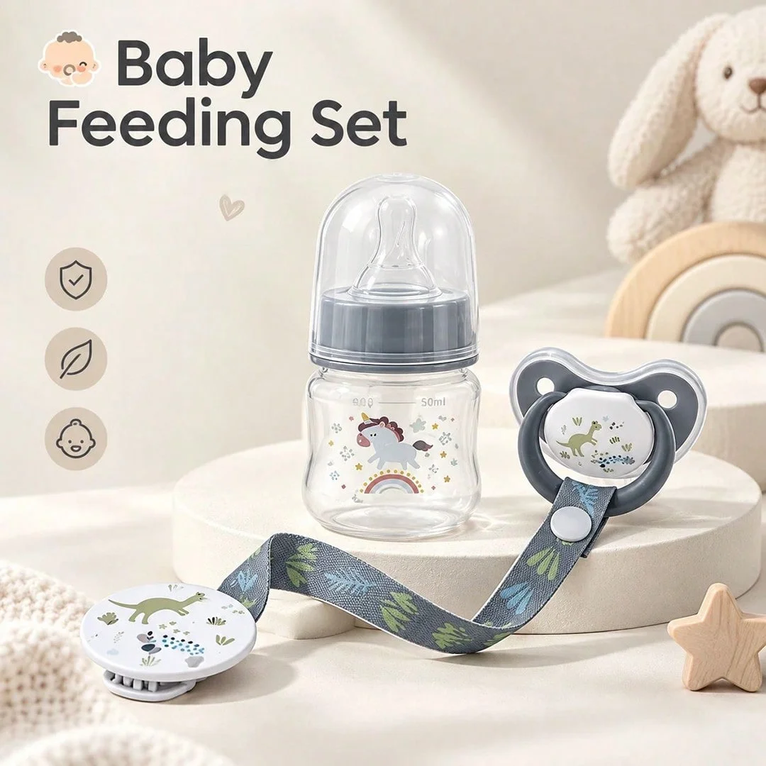 New 3pcs Baby Feeding Set, Including 50ml Baby Bottle, Pacifier and Pacifier Chain Clip, Newborn Gift Feeding Bottle Set