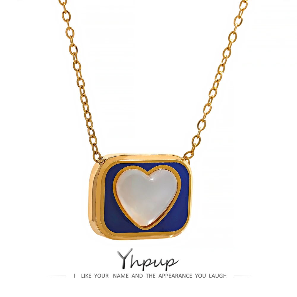 Yhpup Block Geometric Pendant Necklace Stainless Steel Enamel Natural Shell Heart Minimalist Fashion Collarbone Necklace Jewelry