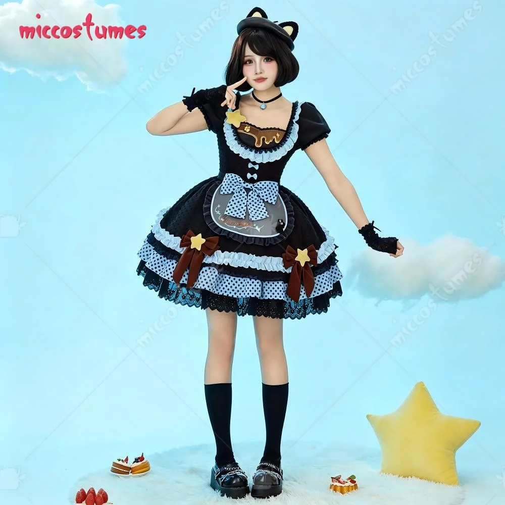 【Versandfertig】Miccostumes Anime-Puppen-Kostüm, Kawaii, süßes Lolita-Outfit-Set, Kleid mit Polka-Dot-Muster und Farbblockierung, inklusive Schürze und Hut